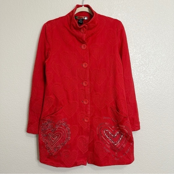 Desigual Red Heart Embroidered Jacquard Long Sleeves Peacoat, Sz Medium - Picture 1 of 14
